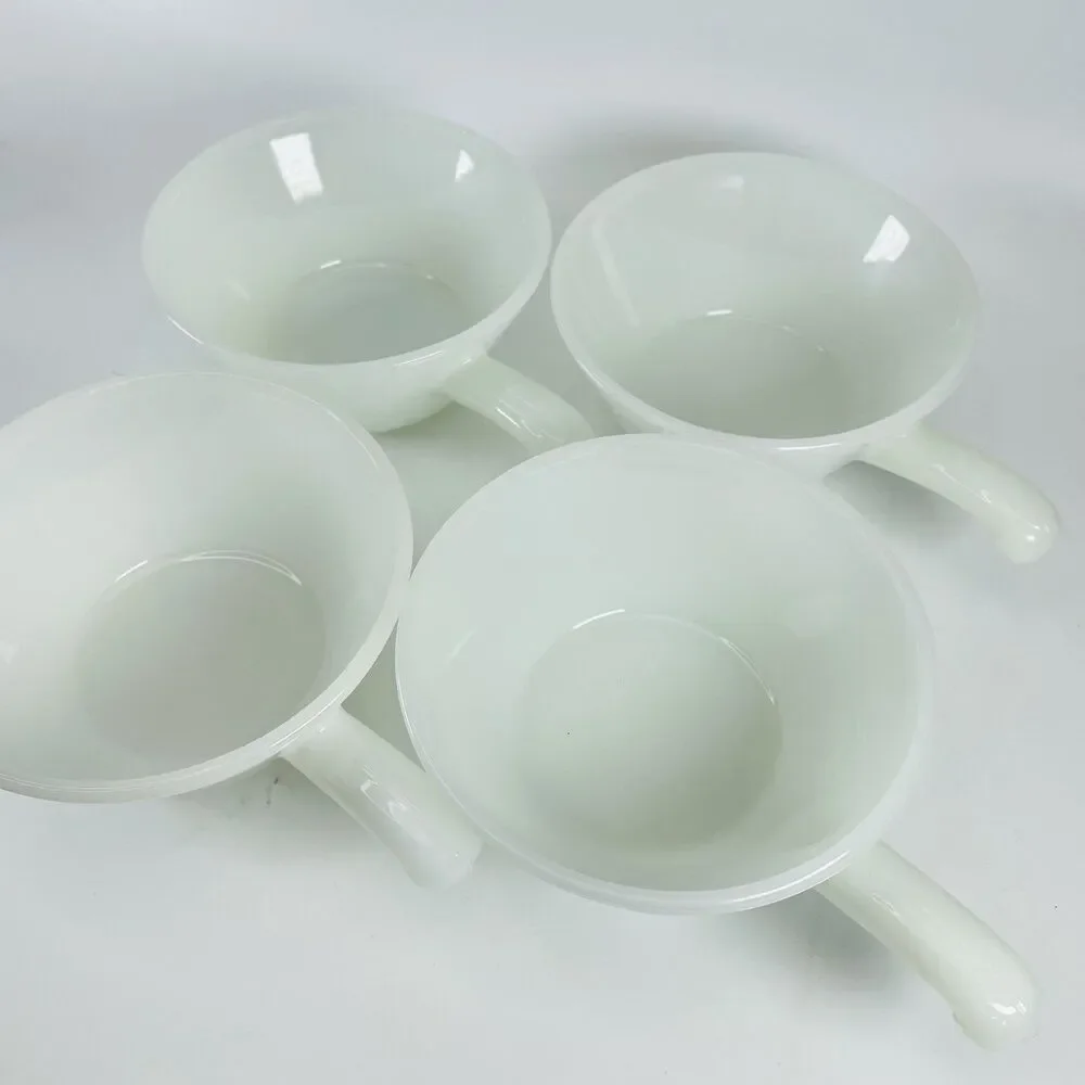 Vintage Anchor Hocking Oven Proof Milk Glass Handled Chili Soup Bowls Set Of 4